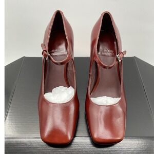 Jeffrey Campbell Mahogany Brown Leather Square Toe Block Heel Mary Jane Pumps